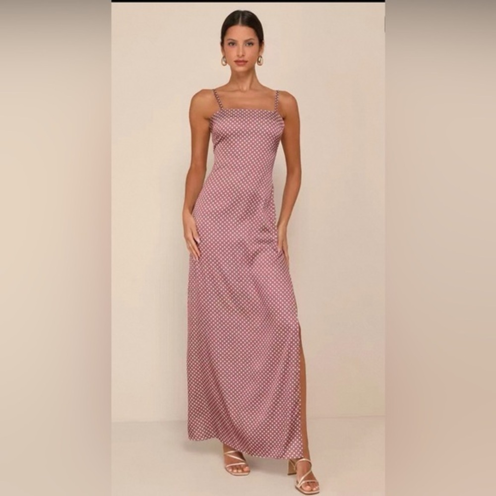 NEW Lulus Prettiest Charm Brown Polka Dot Satin Lace-Up Maxi Dress